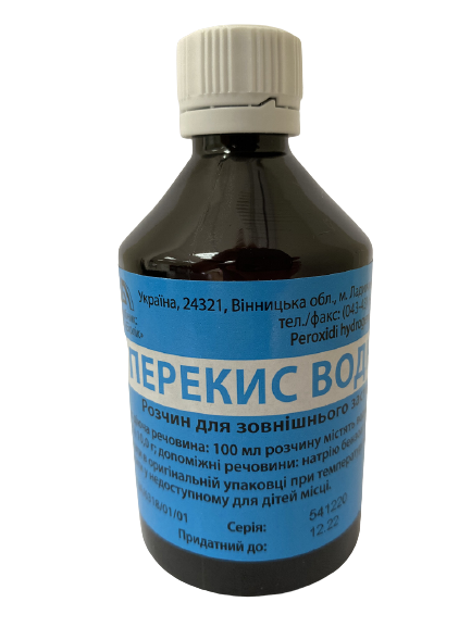 ПЕРЕКИС ВОДНЮ 3 % розчин для зовнішнього застосування 3 % по 100 мл у флаконах полімерних